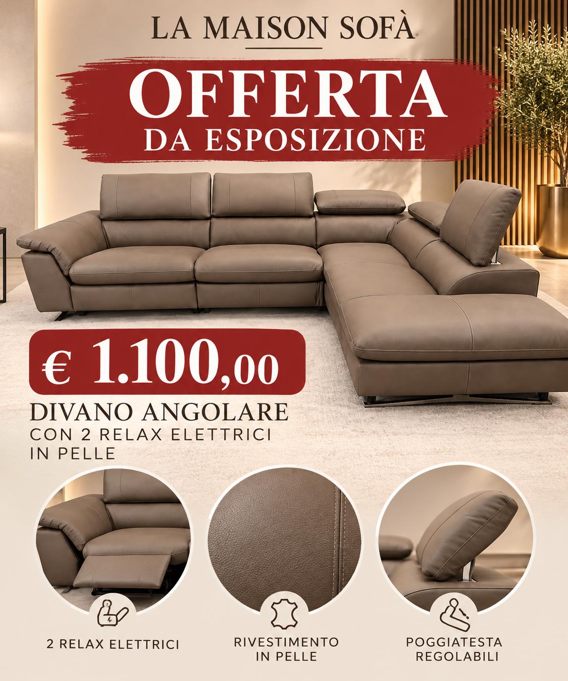 OFFERTA SMERALDO Divano angolare con 2 relax elettrici in pelle – DA ESPOSIZIONE