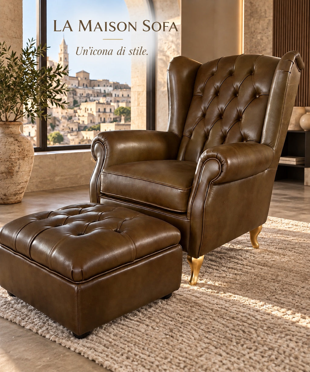 La Maison Sofà – Poltrona Bergère con pouf e schienale capitonné.