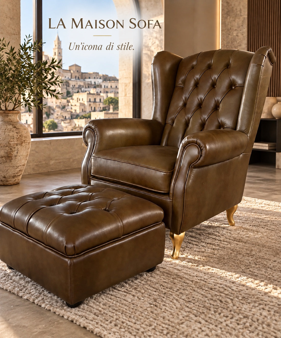 La Maison Sofà – Poltrona Bergère con pouf e schienale capitonné.