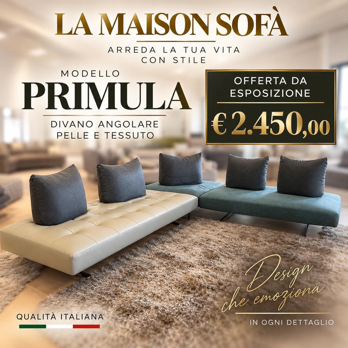 Primula divano angolare pelle e tessuto esposizione €2450